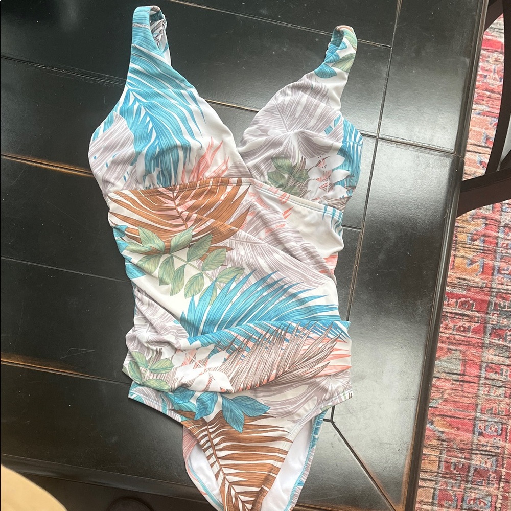 Jantzen Tropical Print One Piece Swimsuit - Blue, Brown, Grey SIZE 12